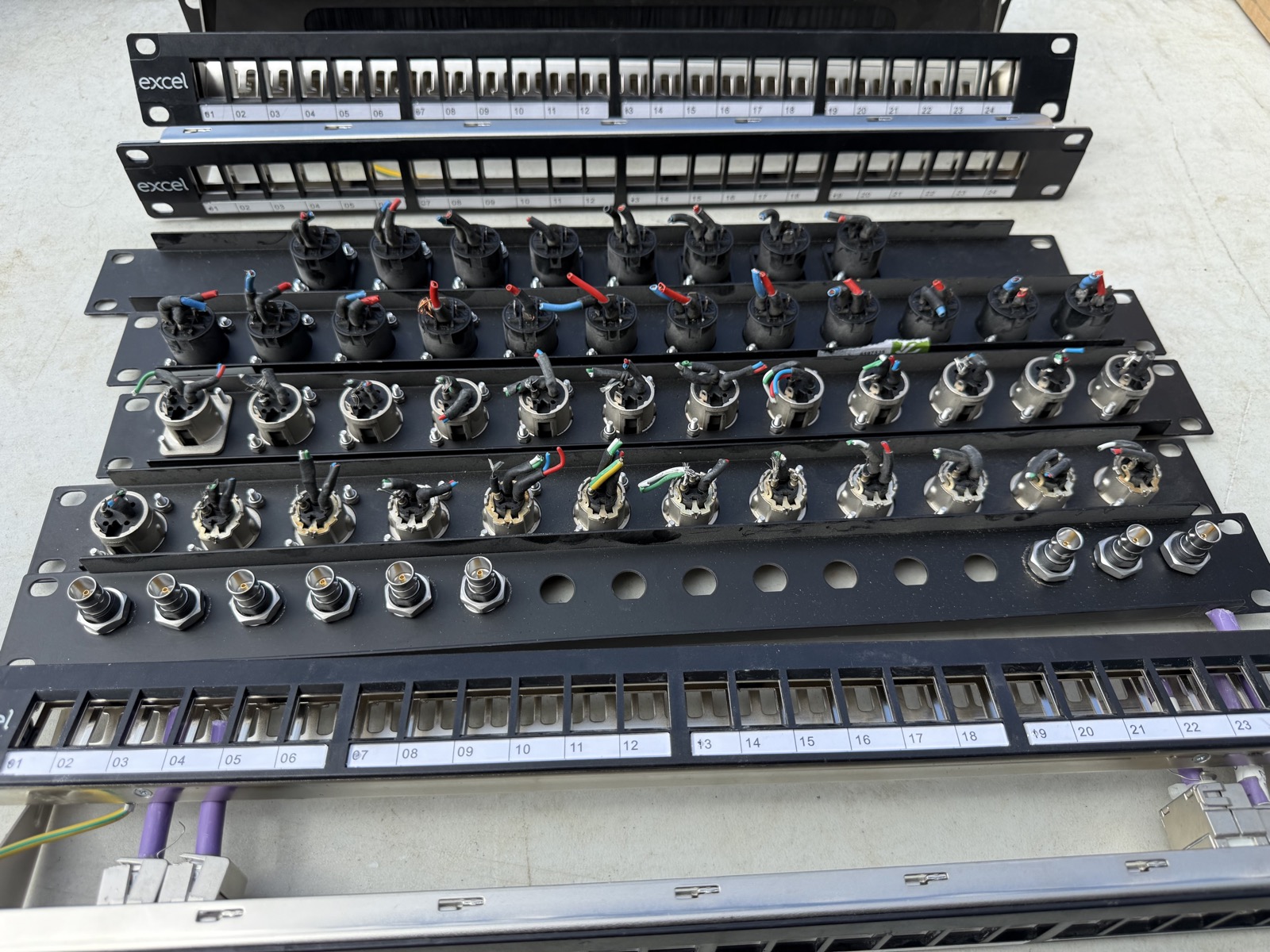 Rear view of used 19-inch rack connector panels showing wiring and connectors