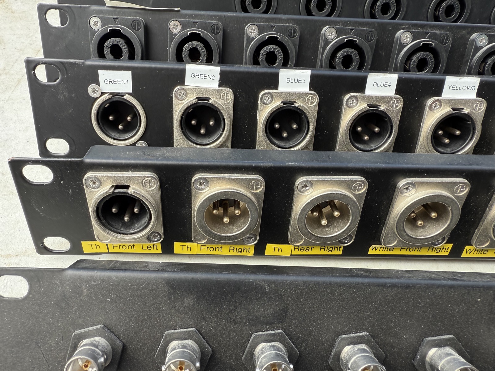 Close-up of 19-inch XLR connector panels and BNC connectors