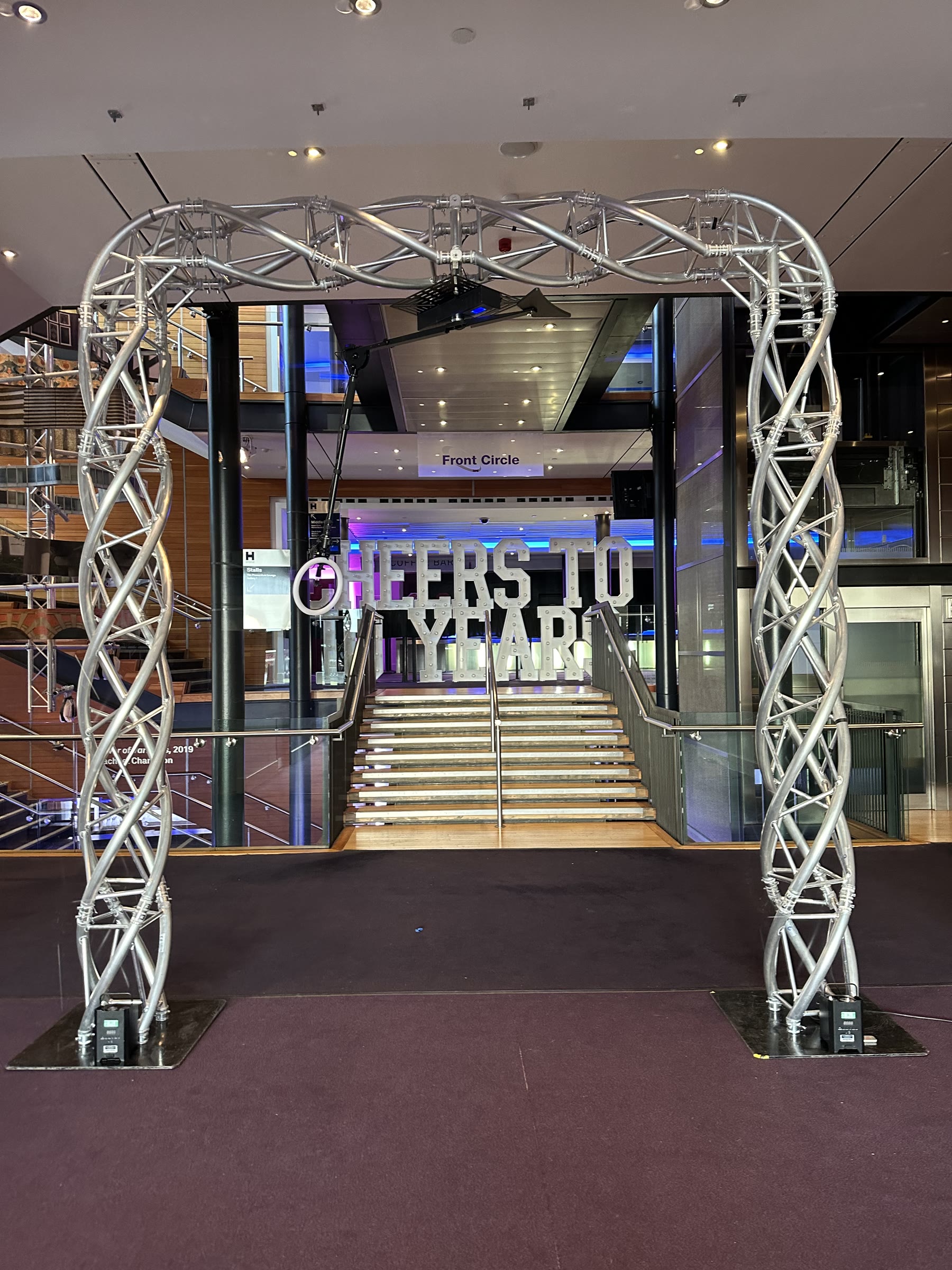 Full 360 degree video booth truss installed at a theatre event venue