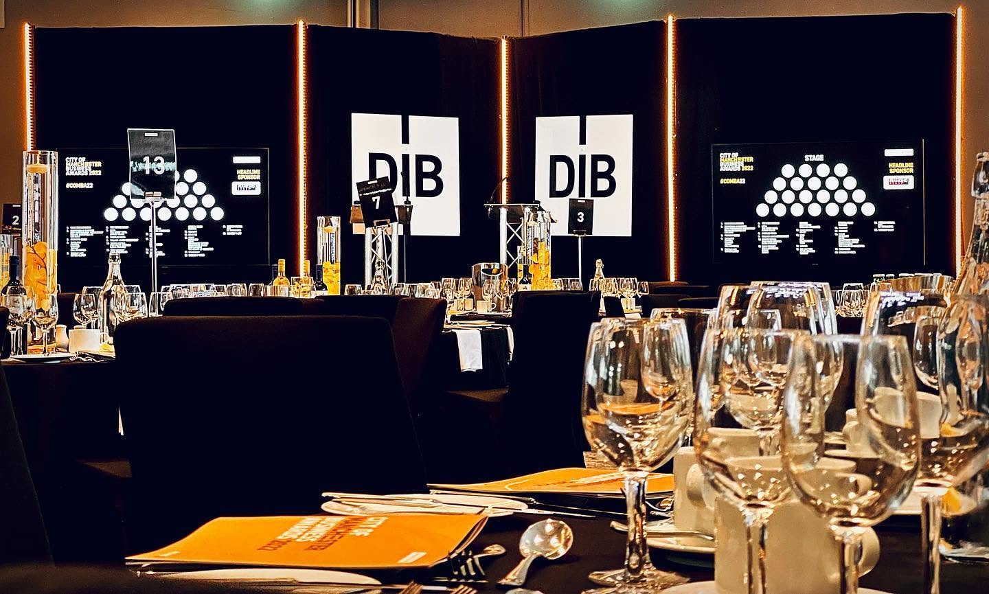 Awards dinner tables and stage setup
