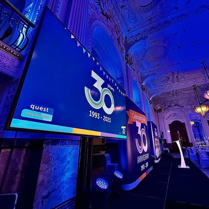 Large screen conference set in an ornate venue