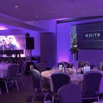 Conference dinner room with presentation screen