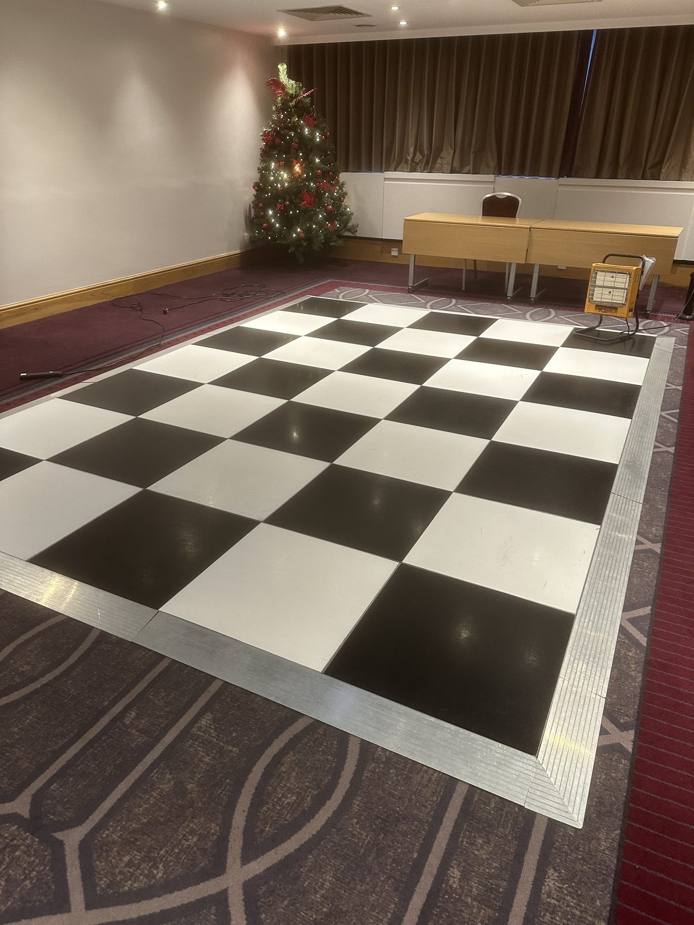 Black and white dance floor fitted for a Christmas party in Birmingham