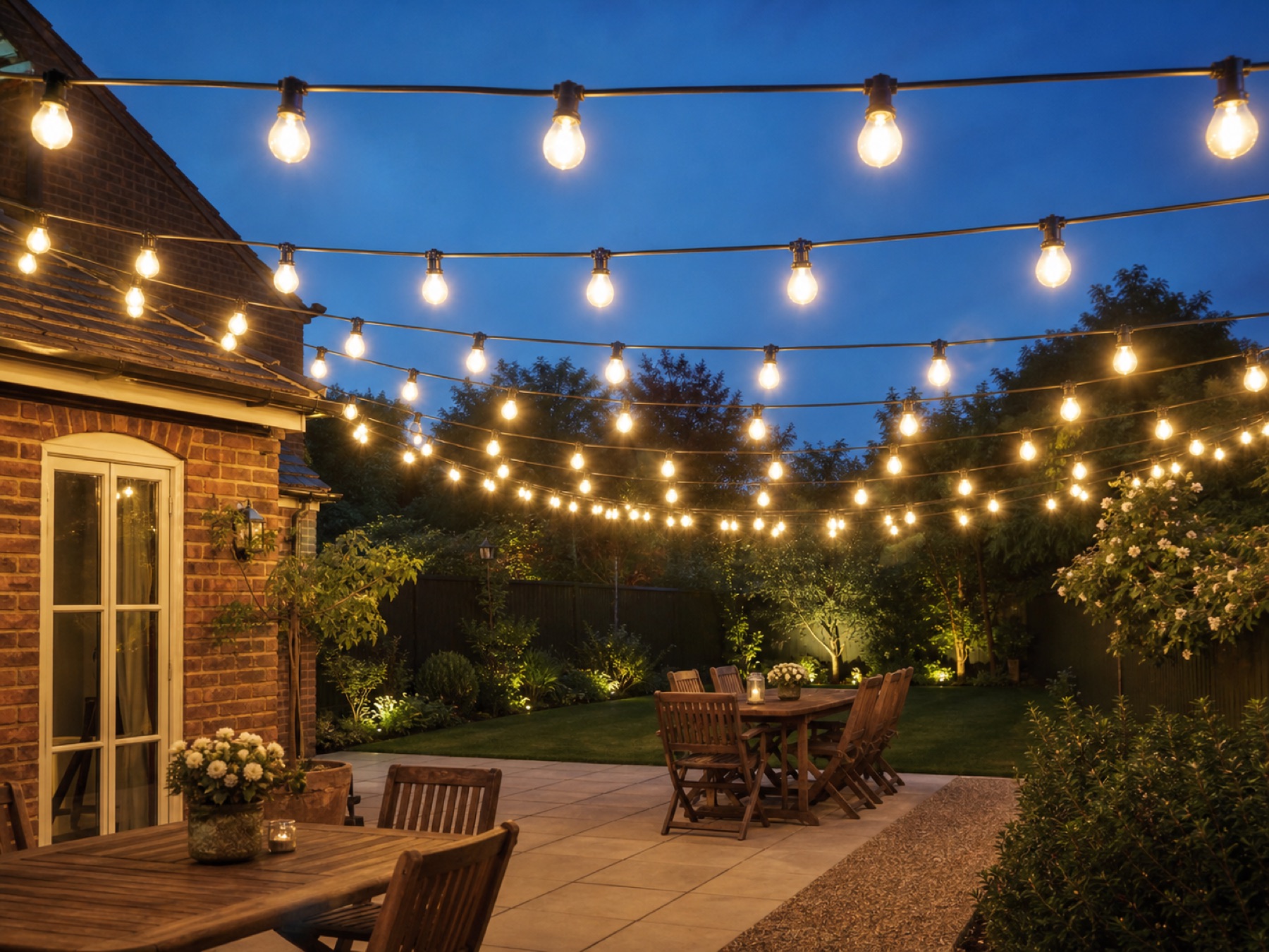 Illustrative warm-white festoon lighting across a garden party space