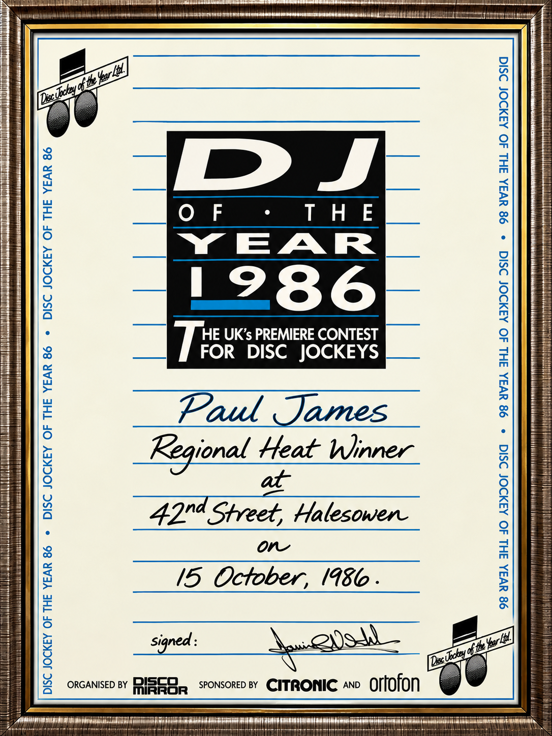 Paul James Disc Jockey of the Year 1986 regional heat winner certificate