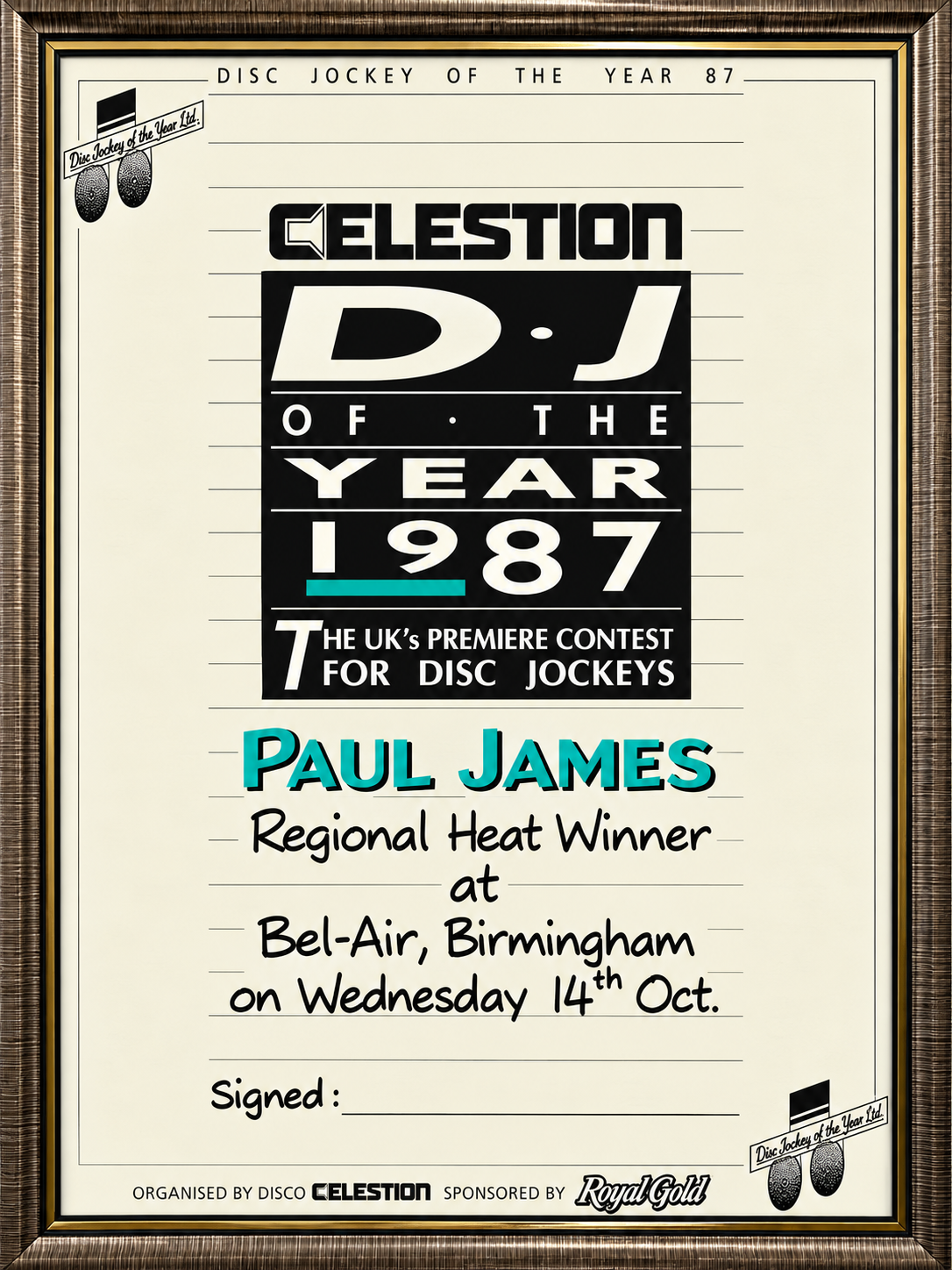 Paul James Disc Jockey of the Year 1987 regional heat winner certificate