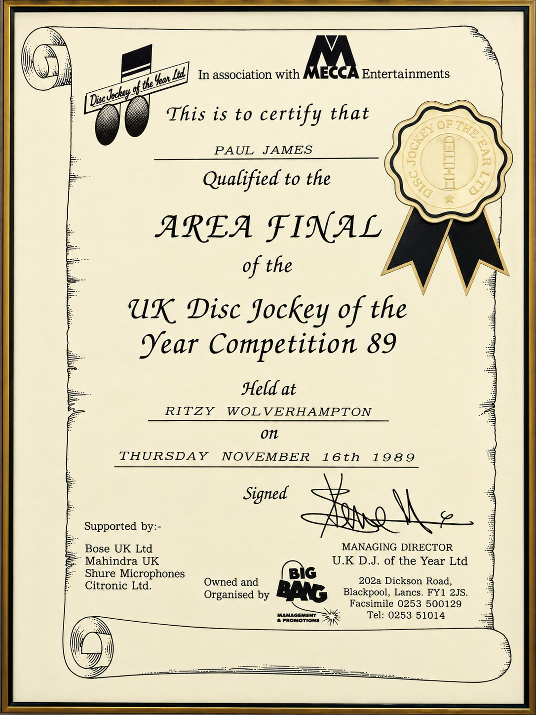 Paul James UK Disc Jockey of the Year 1989 area final certificate