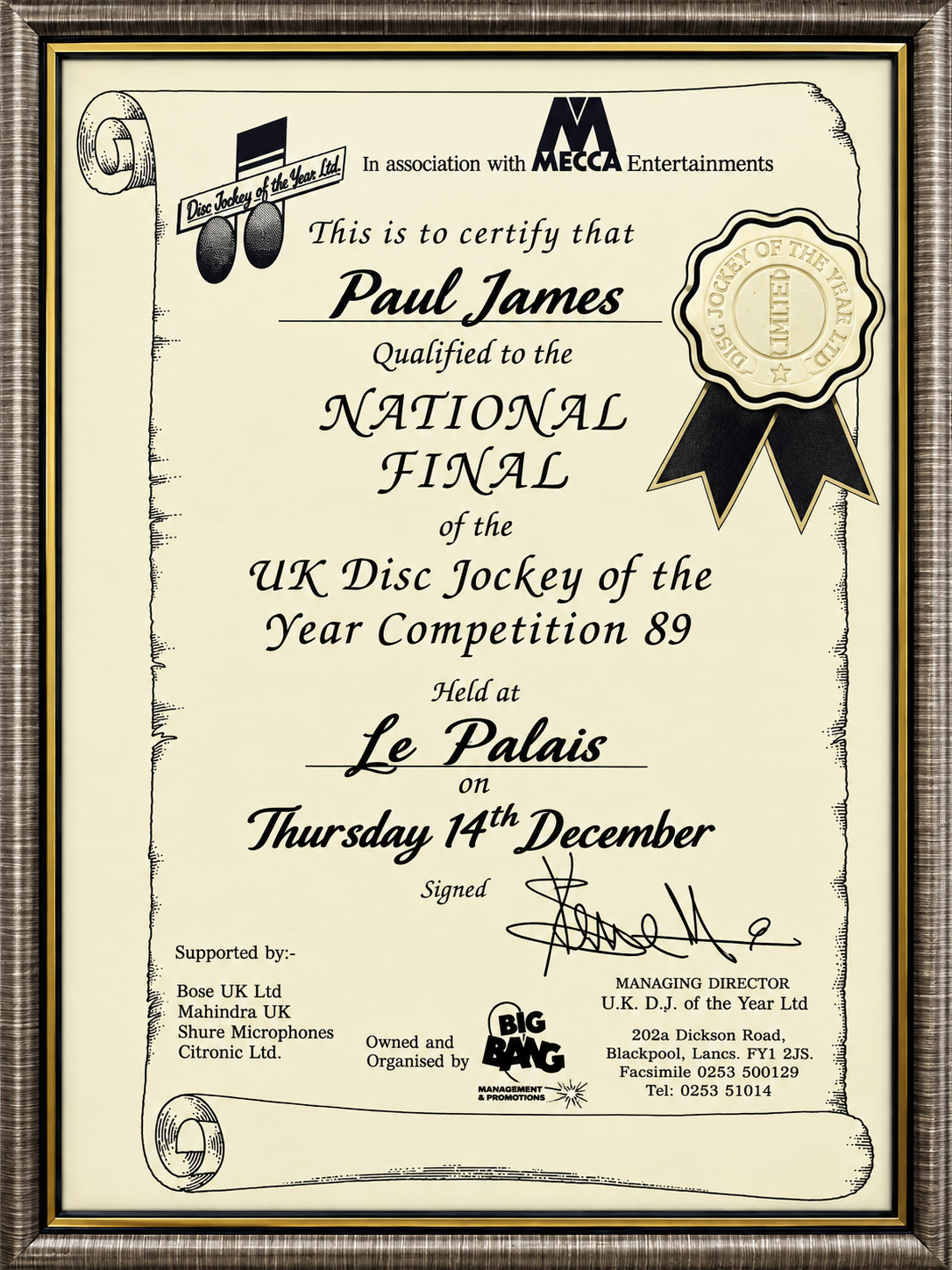 Paul James UK Disc Jockey of the Year 1989 national final certificate