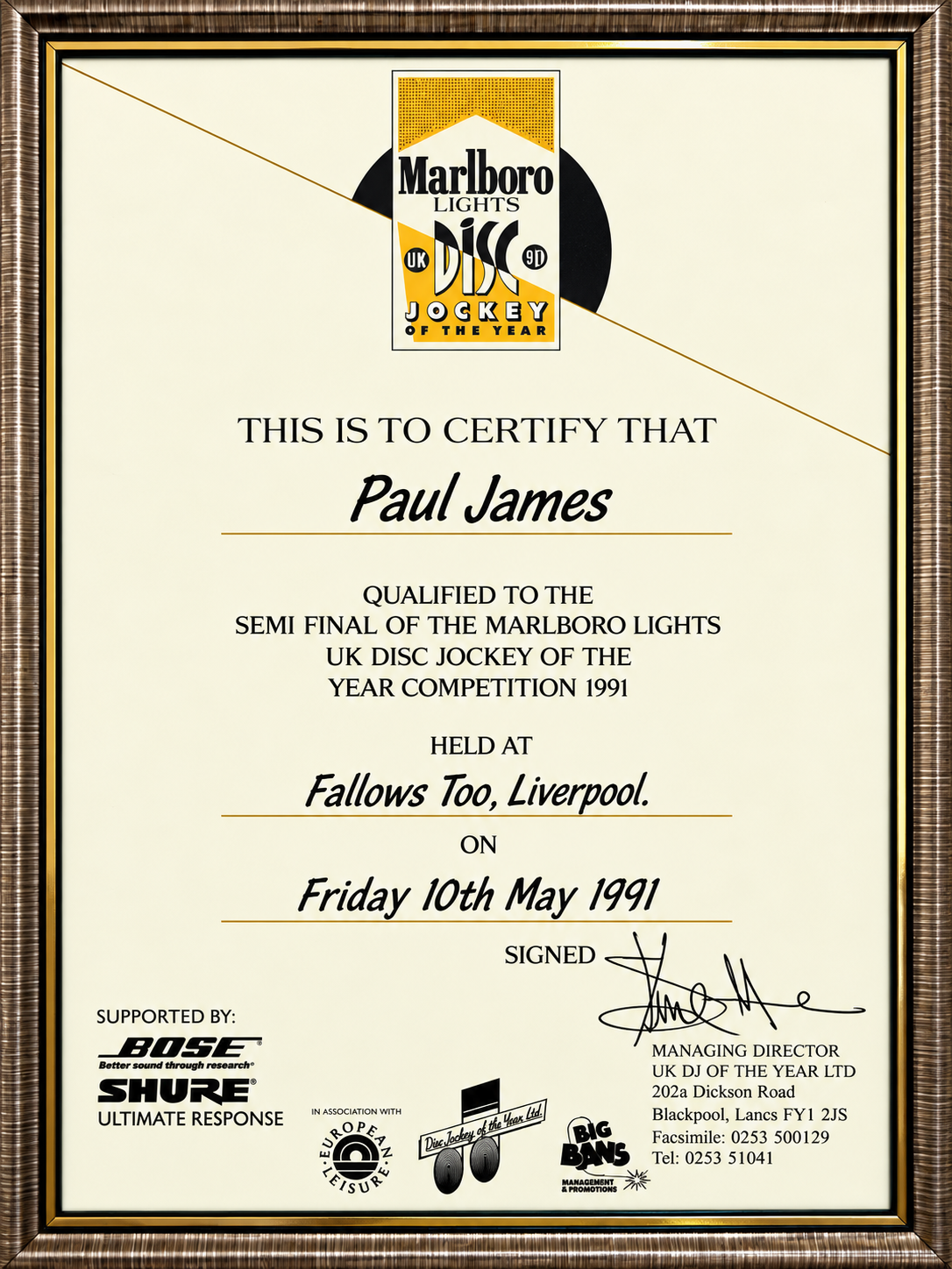Paul James UK Disc Jockey of the Year 1991 semi final certificate