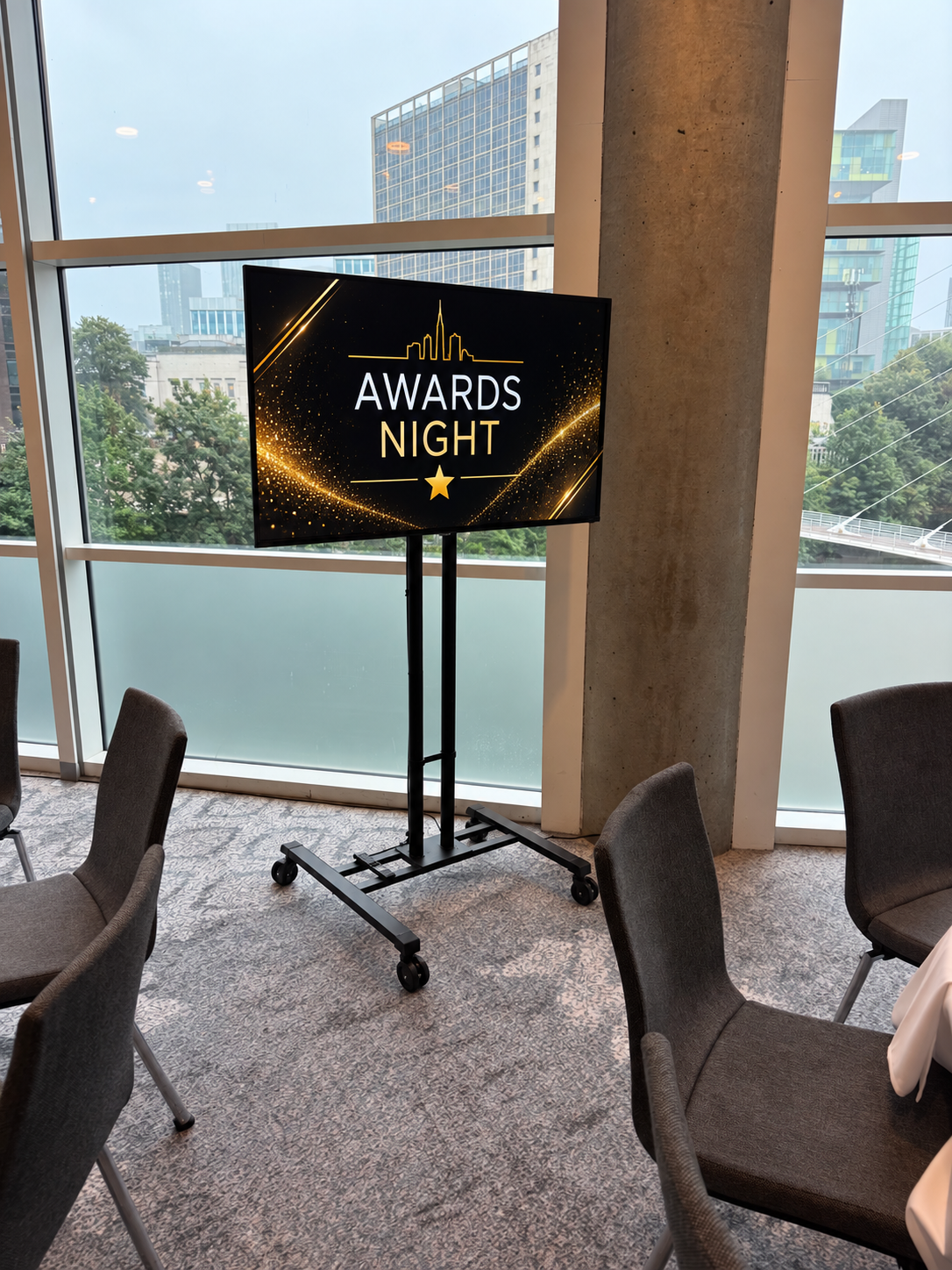 Awards night display screen on a stand for a business awards event