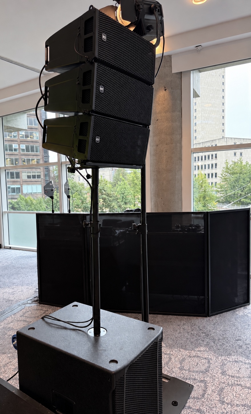 Professional PA speaker system and technical support setup for a business awards event