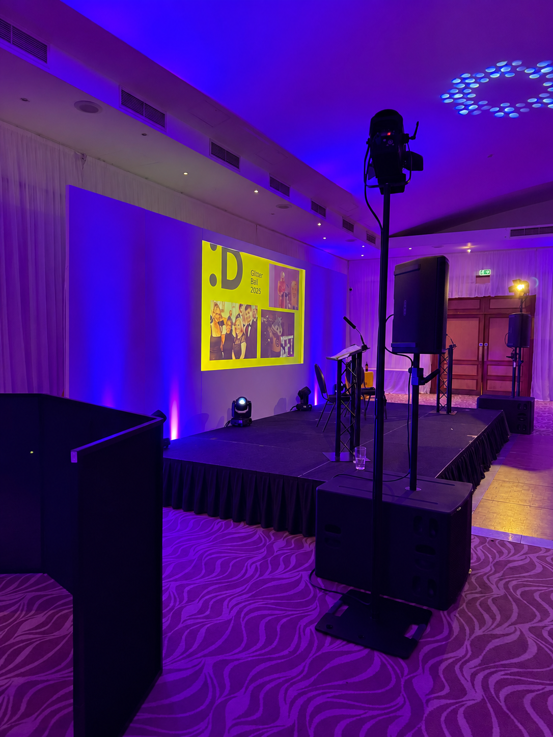 Stage, sound, lighting and projection setup supplied by Paul James Events for the Glitter Ball 2026 at the Copthorne Hotel