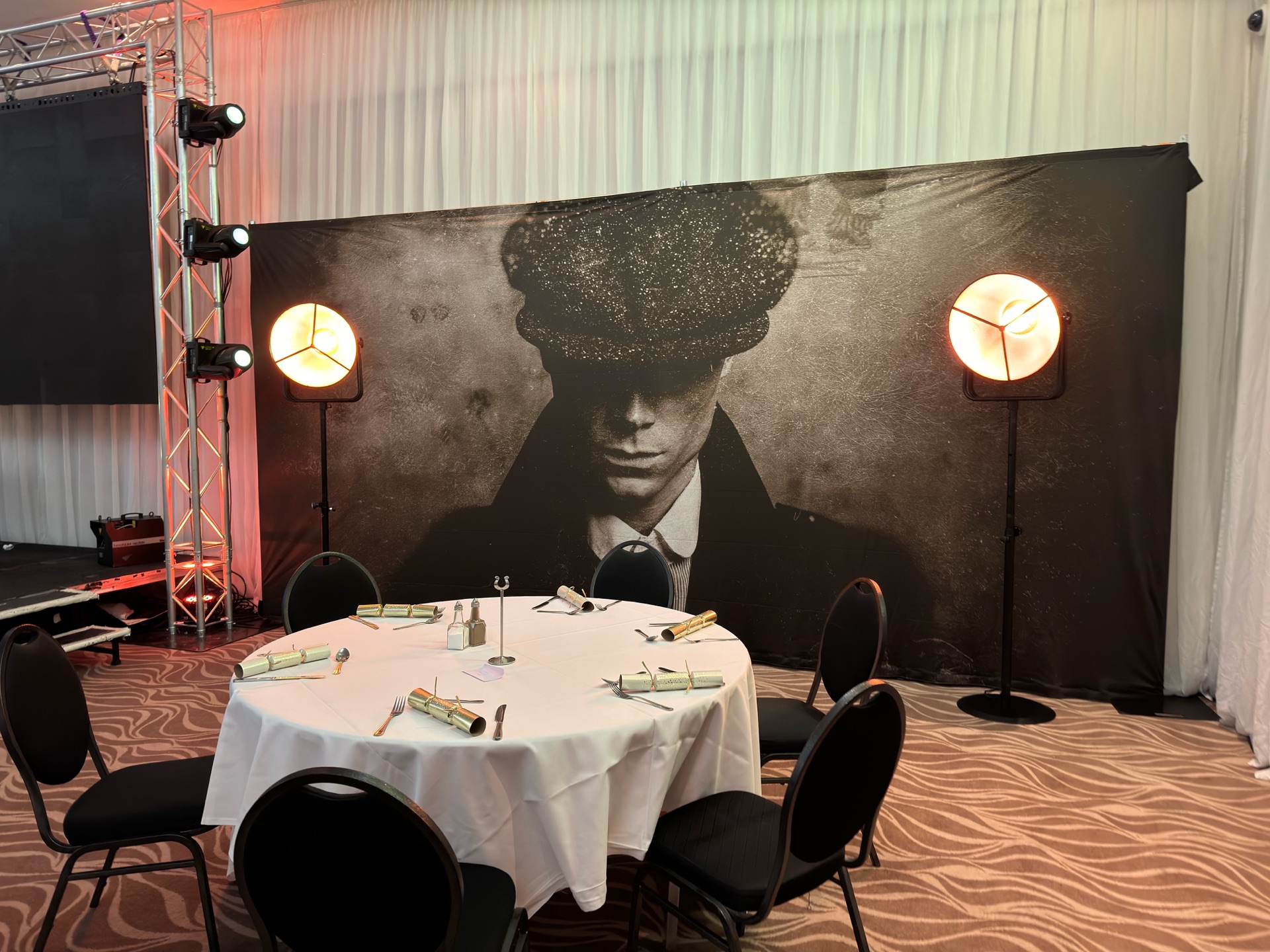 Peaky Blinders portrait backdrop with vintage movie lights