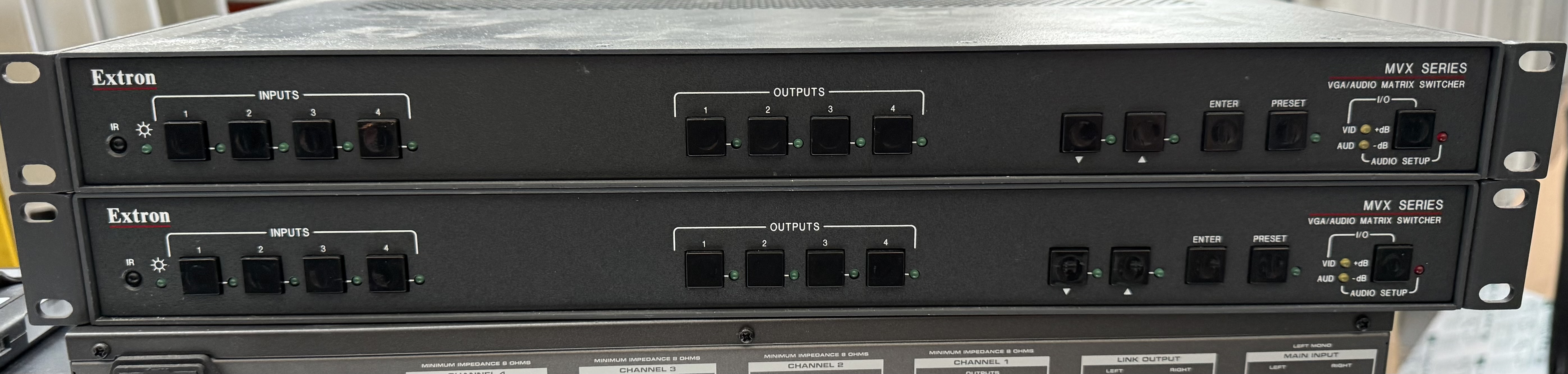 Front view of two used Extron MVX 44 VGA A matrix switchers