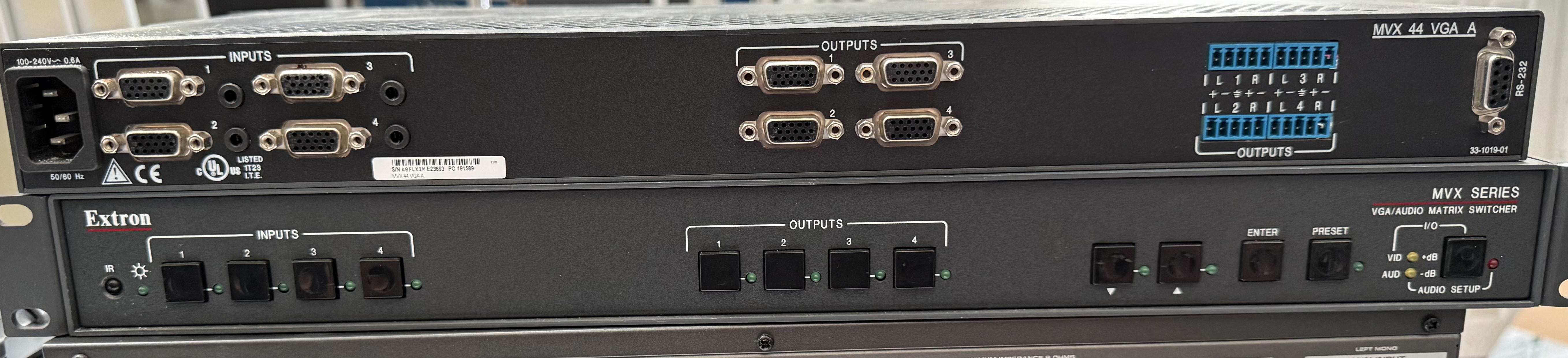 Rear panel of an Extron MVX 44 VGA A 4x4 VGA and stereo audio matrix switcher