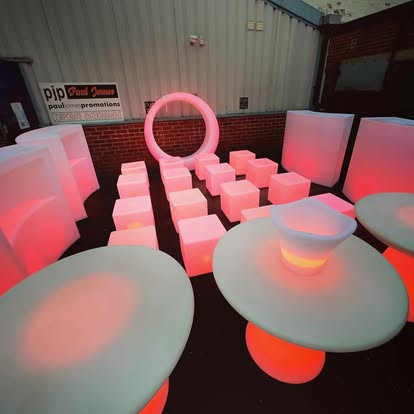 LED furniture display with stools and tables