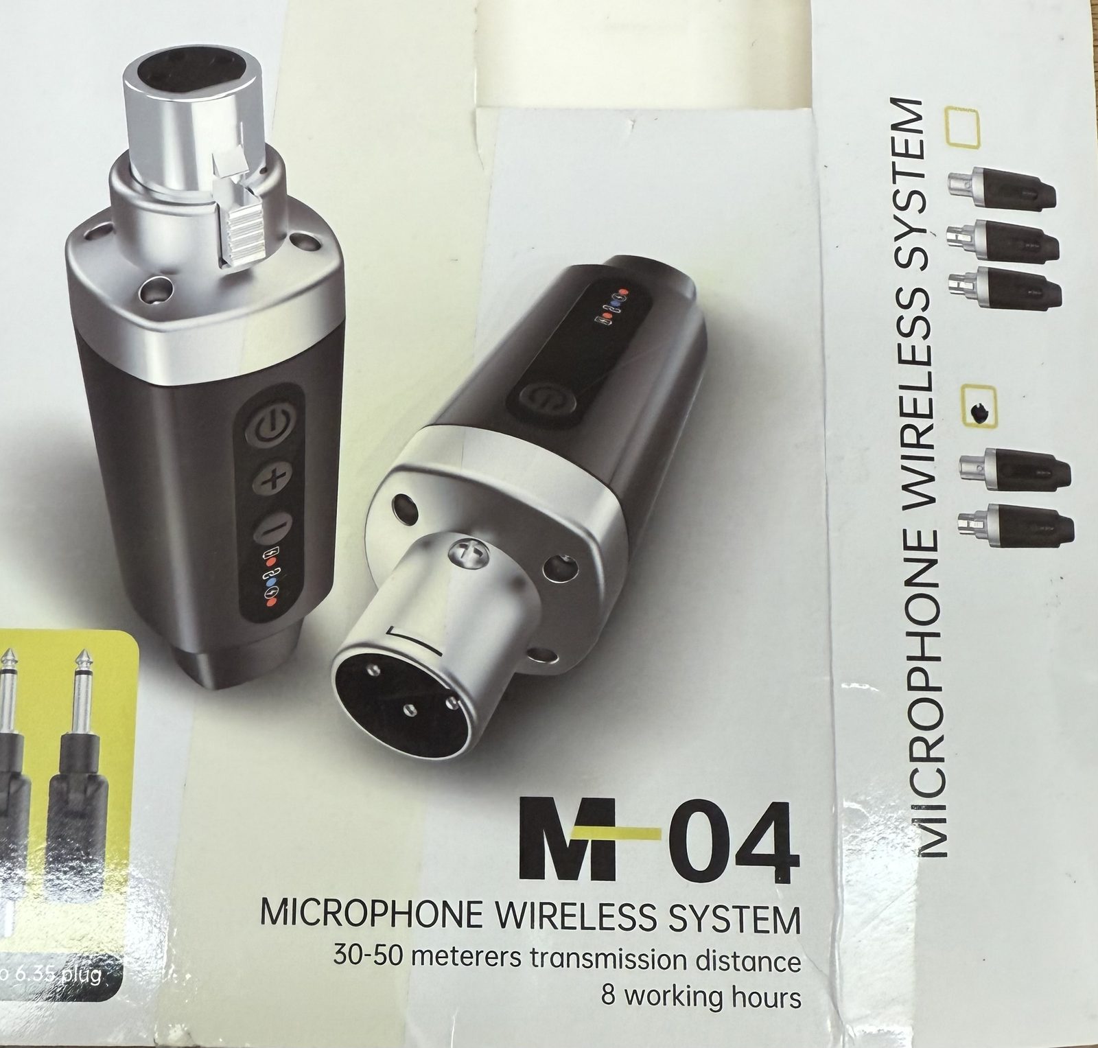 Boxed M-04 rechargeable wireless XLR microphone transmitter and receiver system