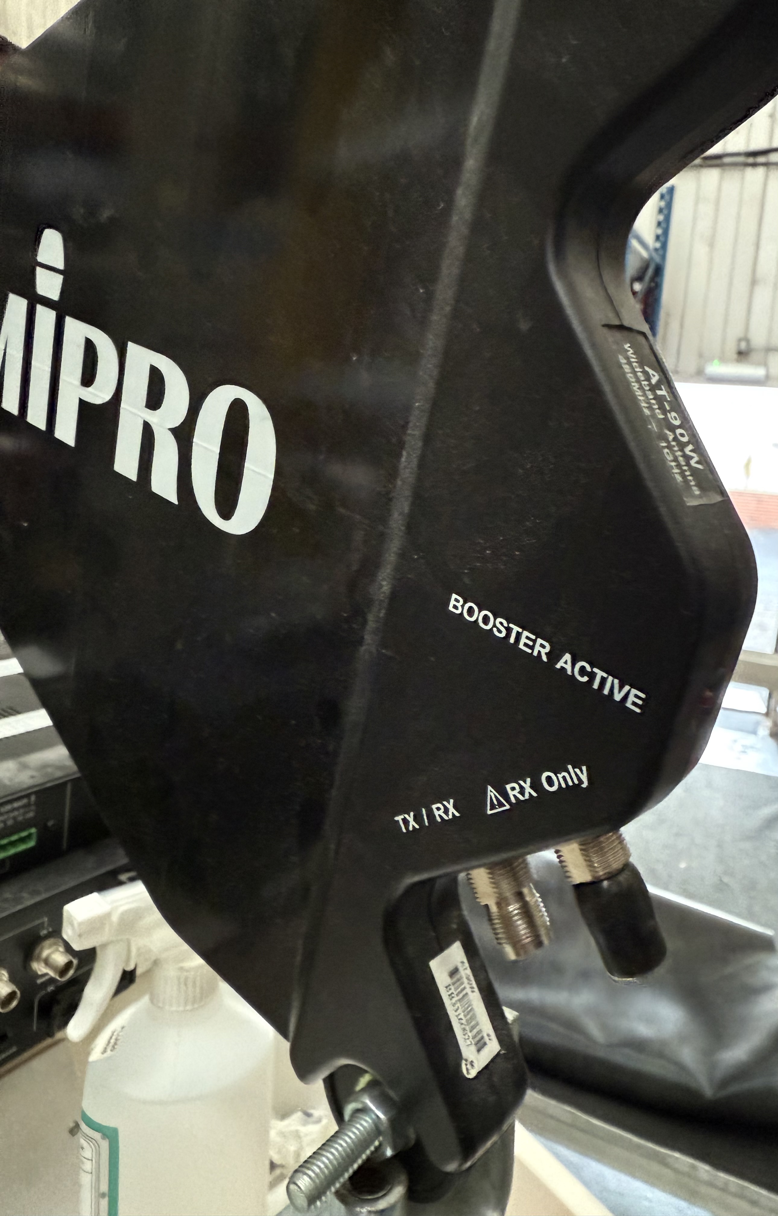 MIPRO AT-90W antenna connections marked TX/RX, RX Only and Booster Active