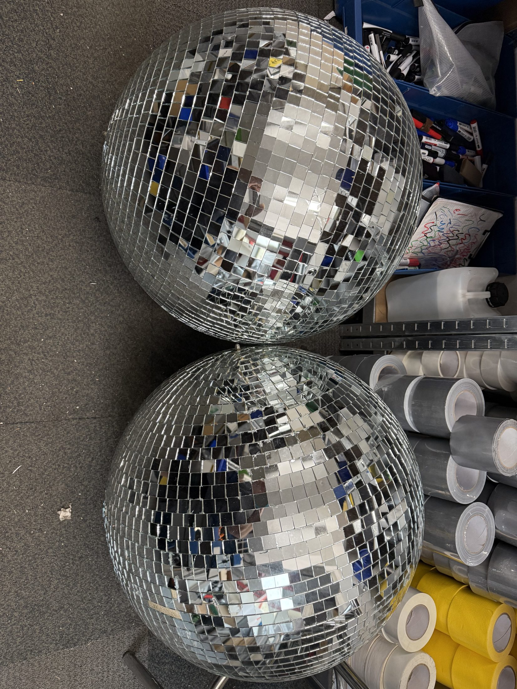 Pair of used 60cm silver mirror balls for sale