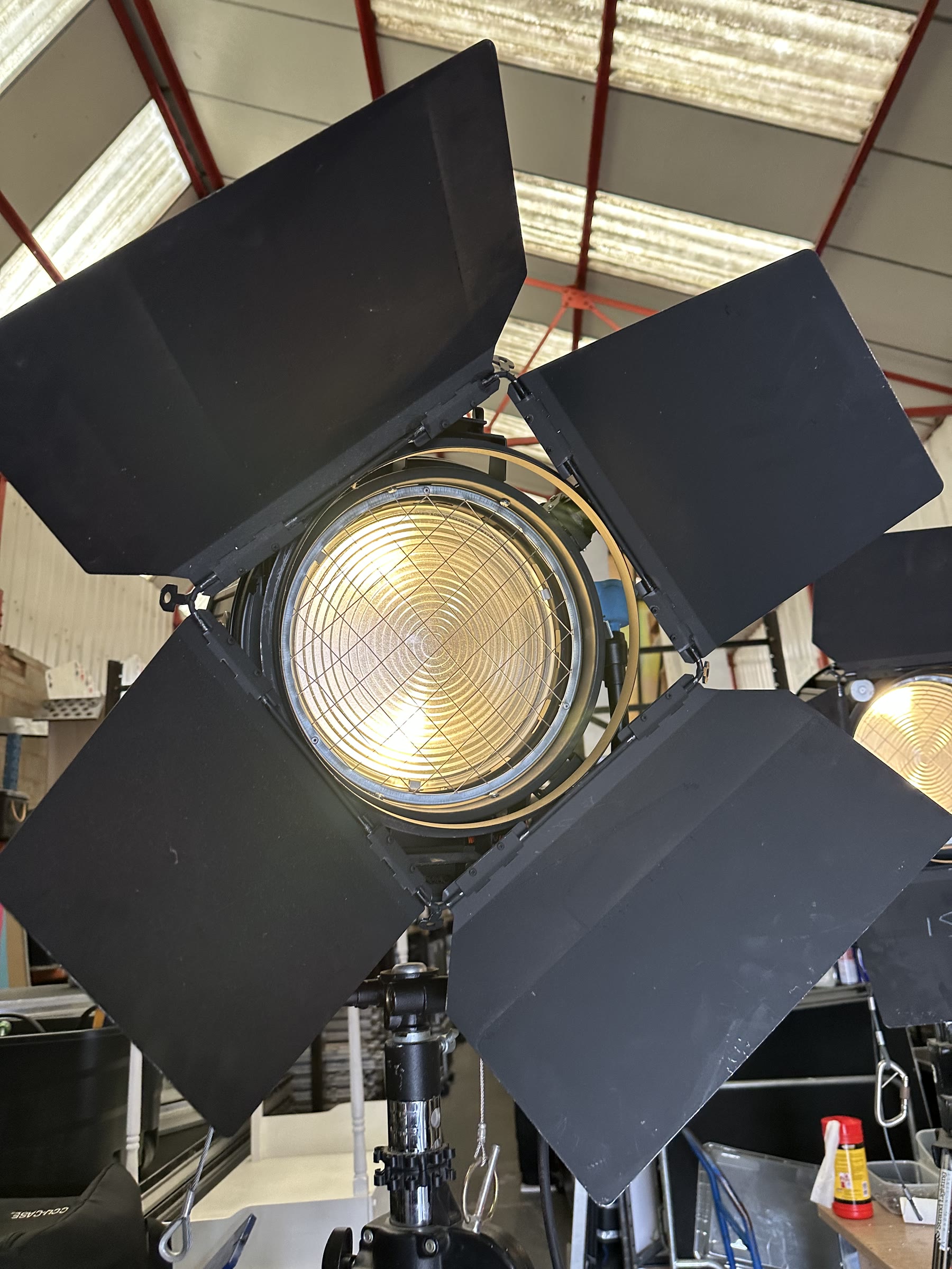 Close-up of a vintage Hollywood movie spotlight prop with barn doors