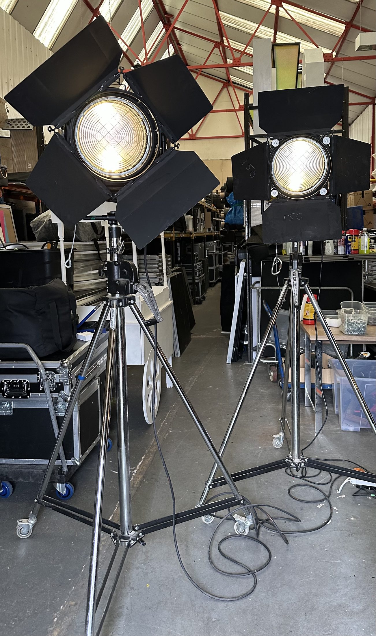 Hollywood movie studio spotlight props on chrome stands