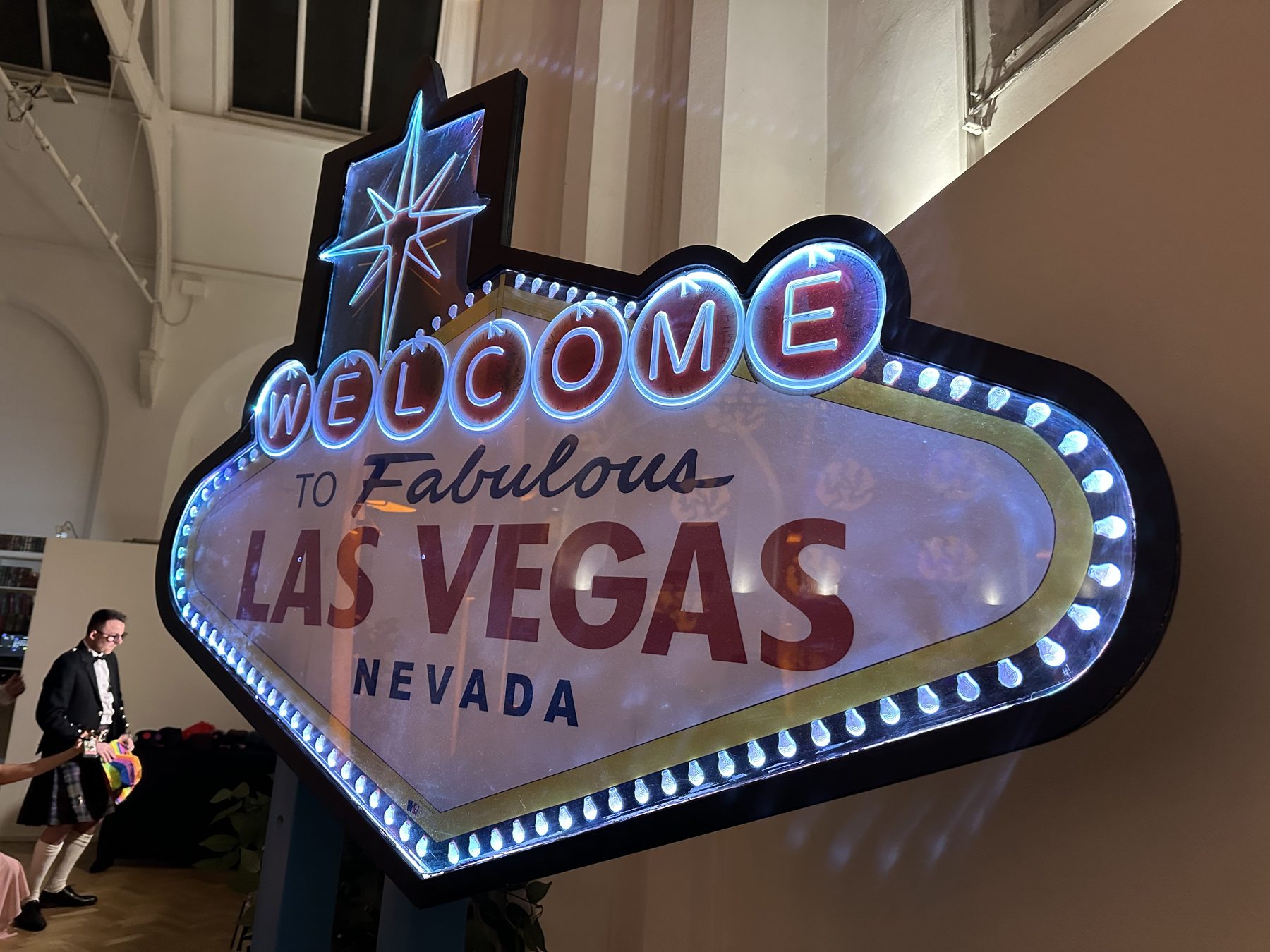 Close view of an illuminated Las Vegas sign prop