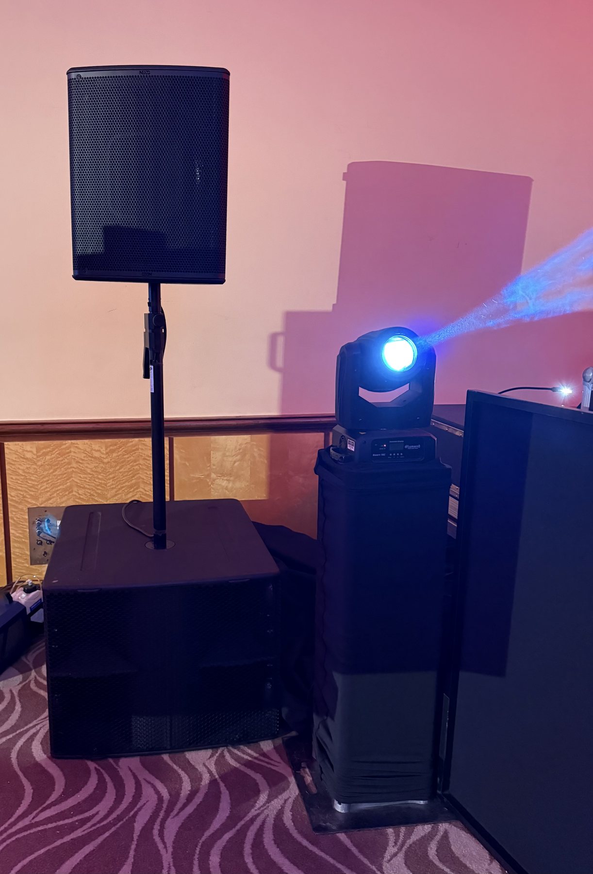 PA speaker, subwoofer and moving-head light supplied for Throwdown Darts