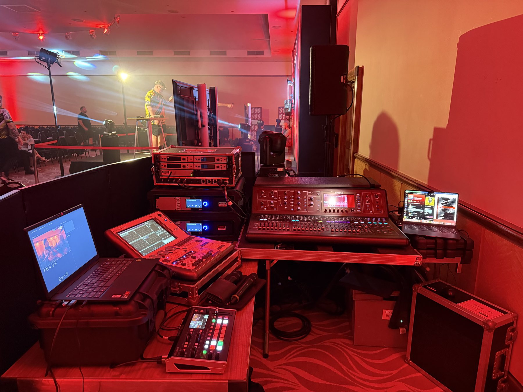 Sound, lighting and video control equipment operated for Throwdown Darts