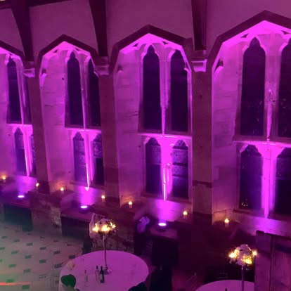 Purple uplighting inside a church