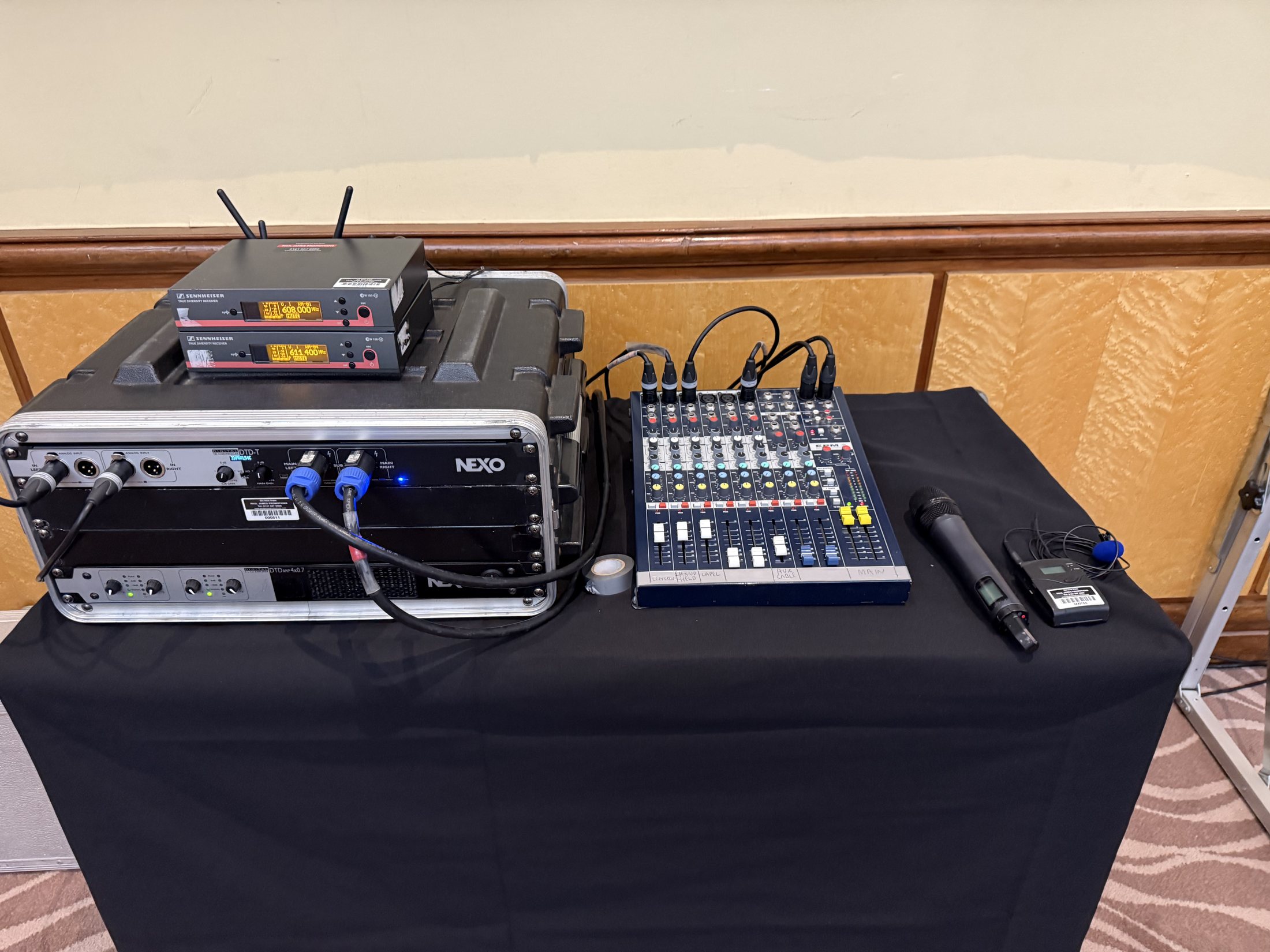 Equipment-only sound control setup with mixer, Sennheiser radio microphones and audio rack at Copthorne Merry Hill